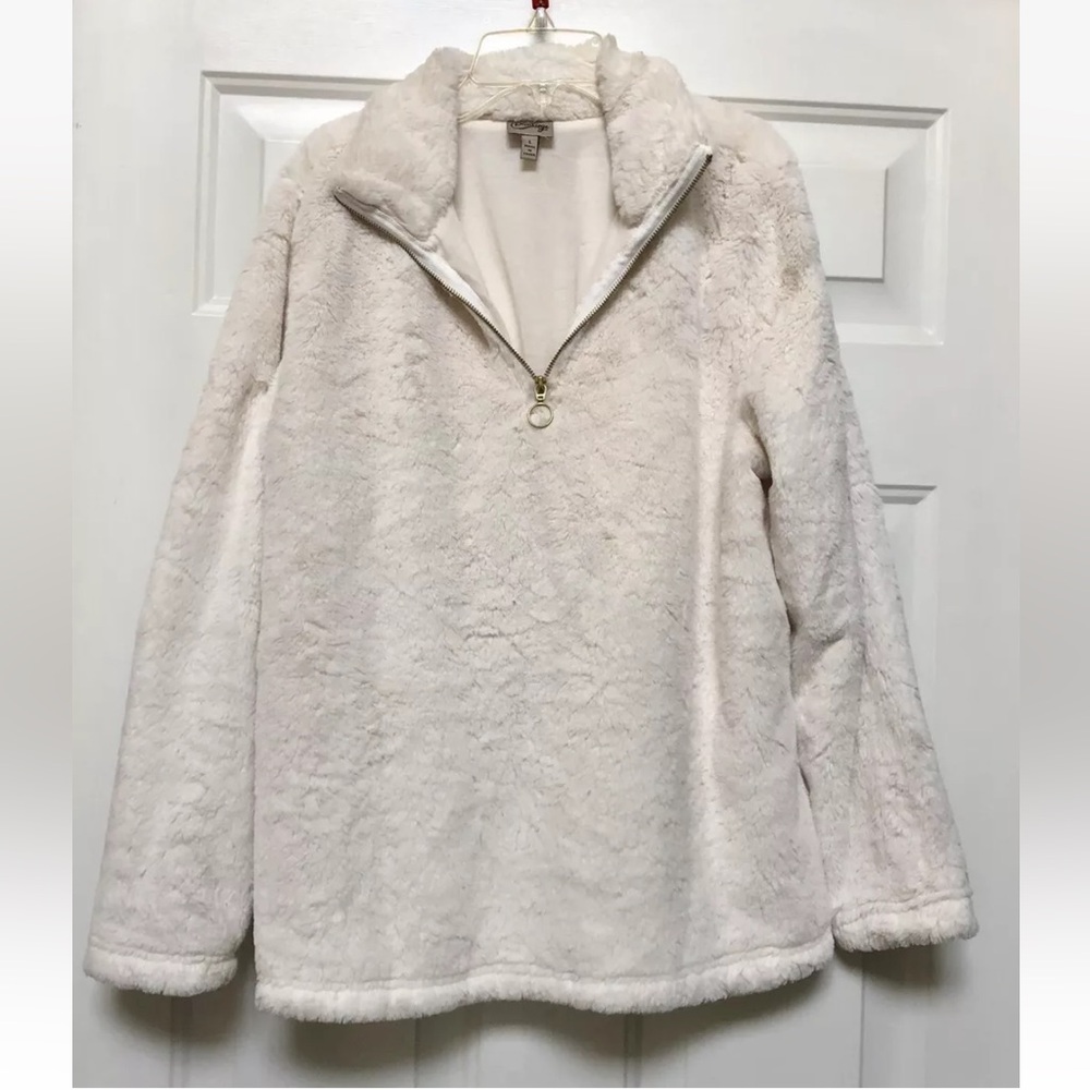 Como Vintage Women’s  Size L Faux Fur Sweater White Fluffy 1/4 Zip Outdoors Soft